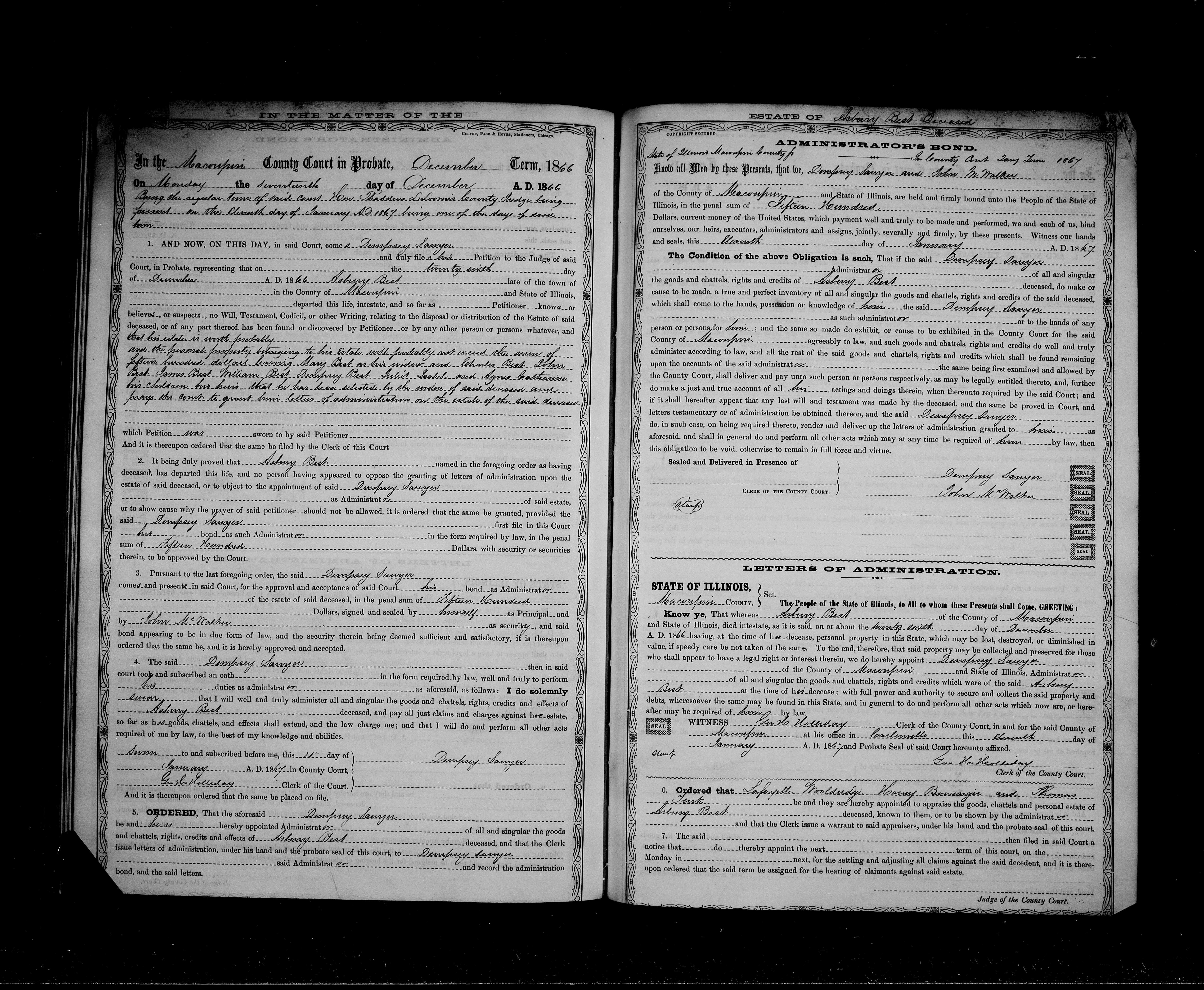 Asberry Best, probate, letters of administration, appointing Dempsey Sawyer administrator of estate, with testimony of John M. Walker, and Lafayette Wooldridge one of those appointed to inventory the estate.