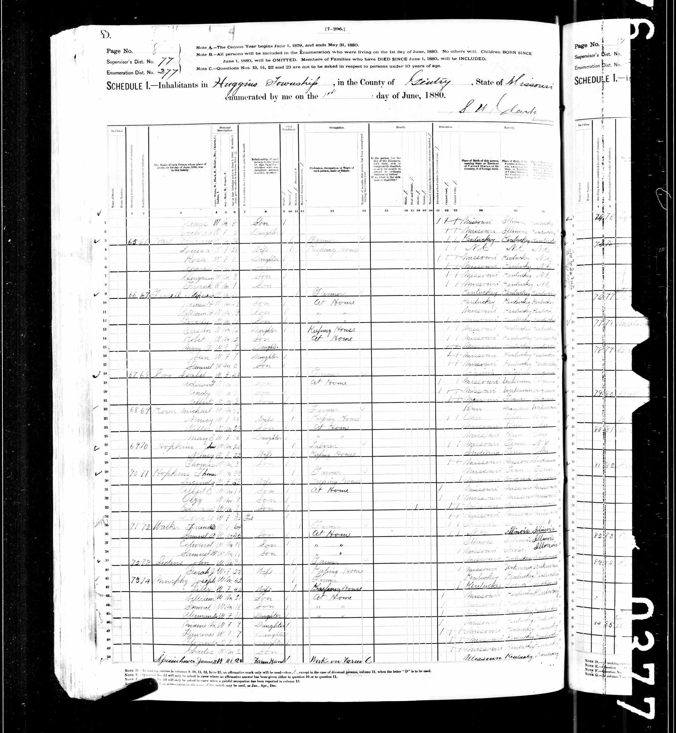 Frances (Best) Walker, widow of Philip V. Walker, 1880 Gentry County, Missouri, census