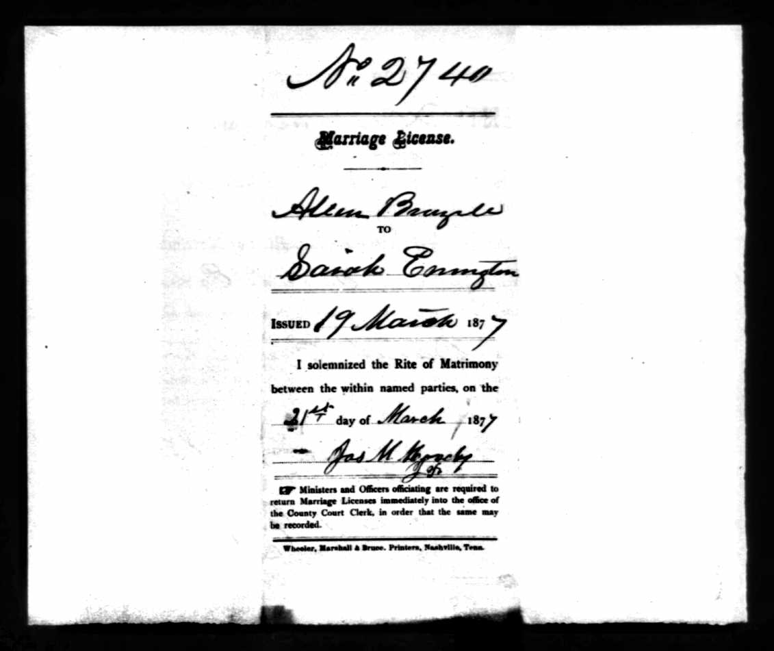 Allen Brazzell, second marriage to Sarah 'Arrington,' 1877, Dickson County, Tennessee