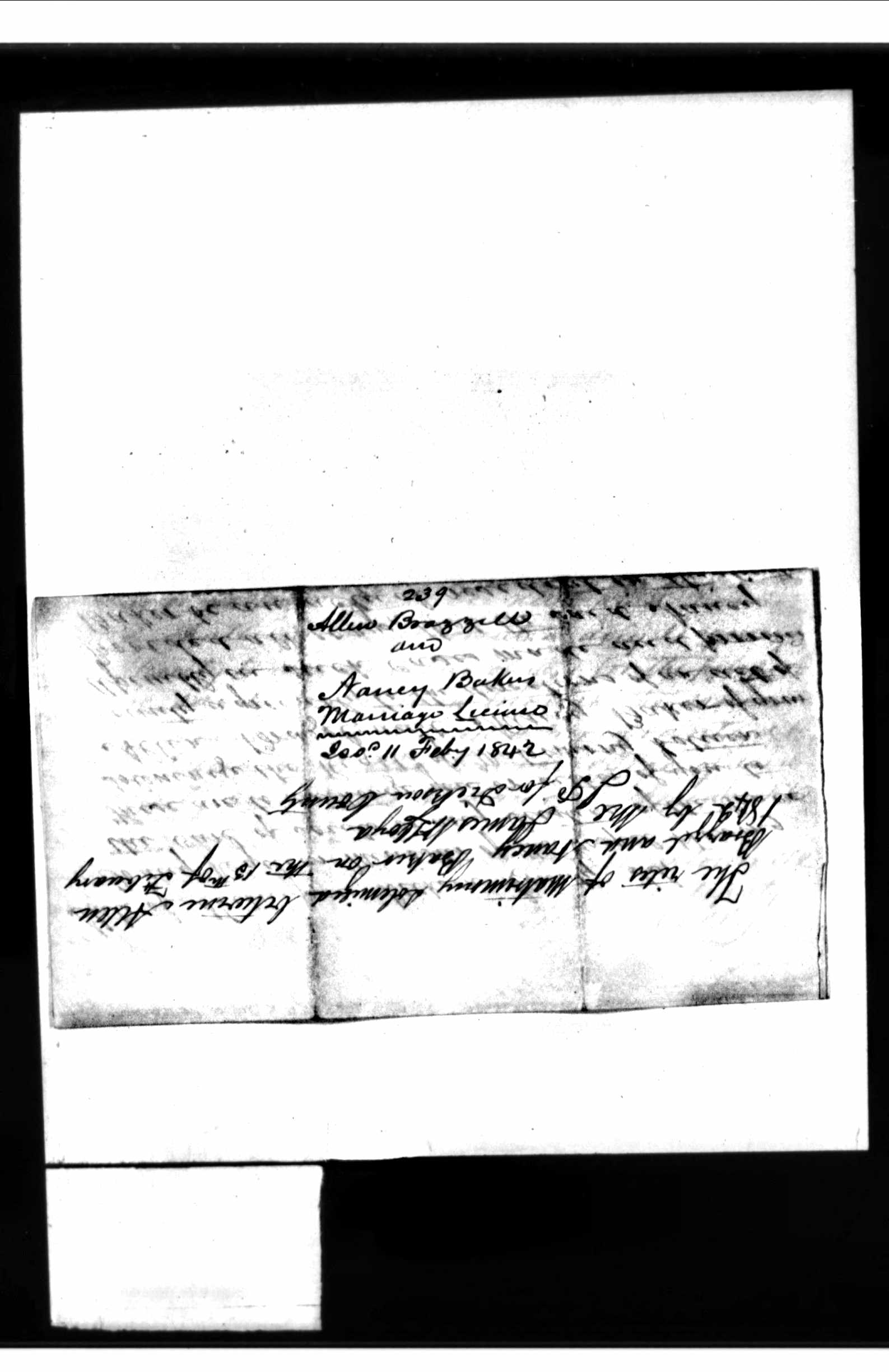 Allen Brazzell, marriage to Nancy Baker, 1842, Dickson County, Tennessee