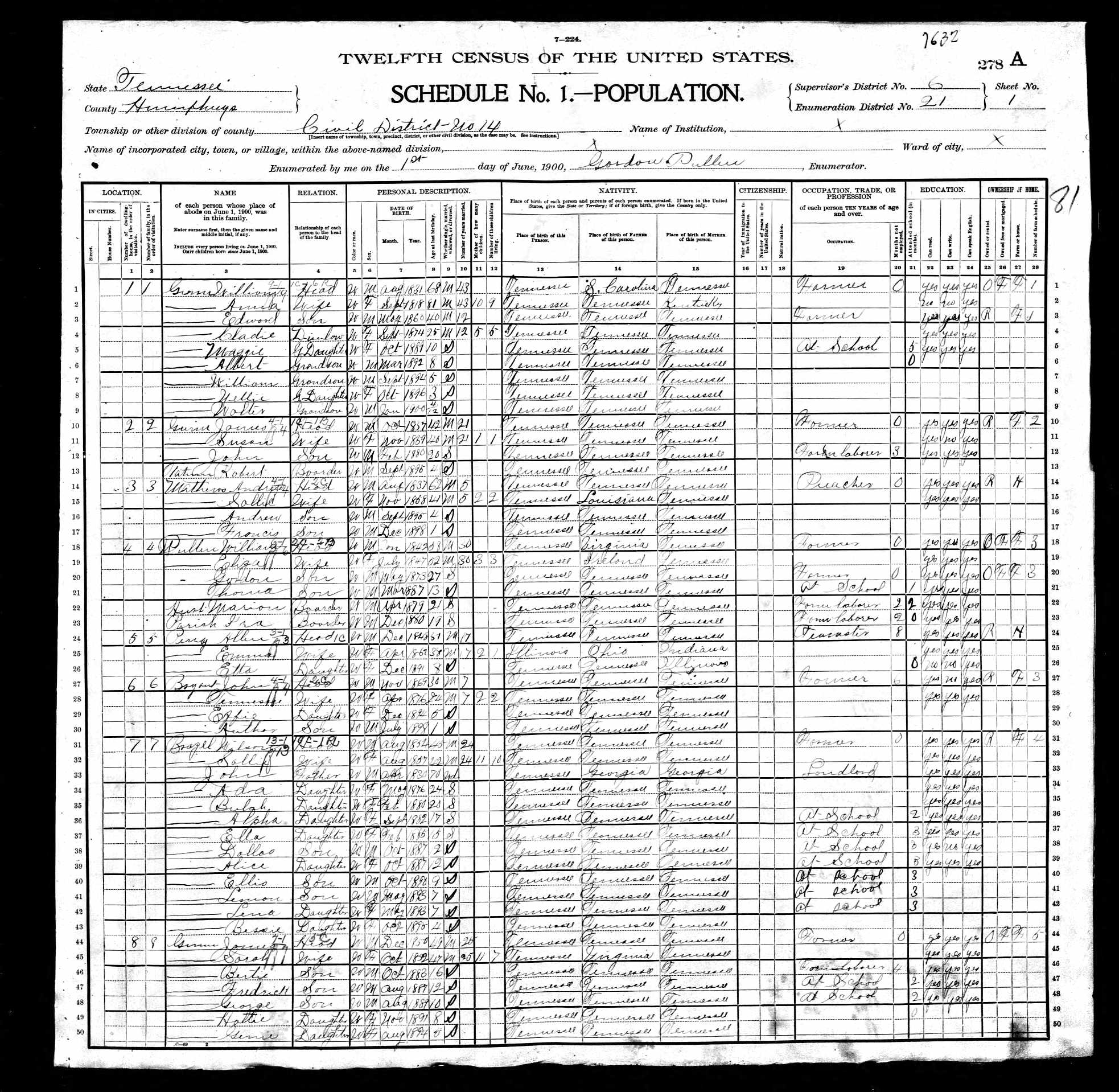 John Brazzell, 1900 Humphreys County, Tennessee, census; in the home of his son, Wilson Brazzell. John Brazzell, 1900 Humphreys County, Tennessee, census; in the home of his son, Wilson Brazzell.