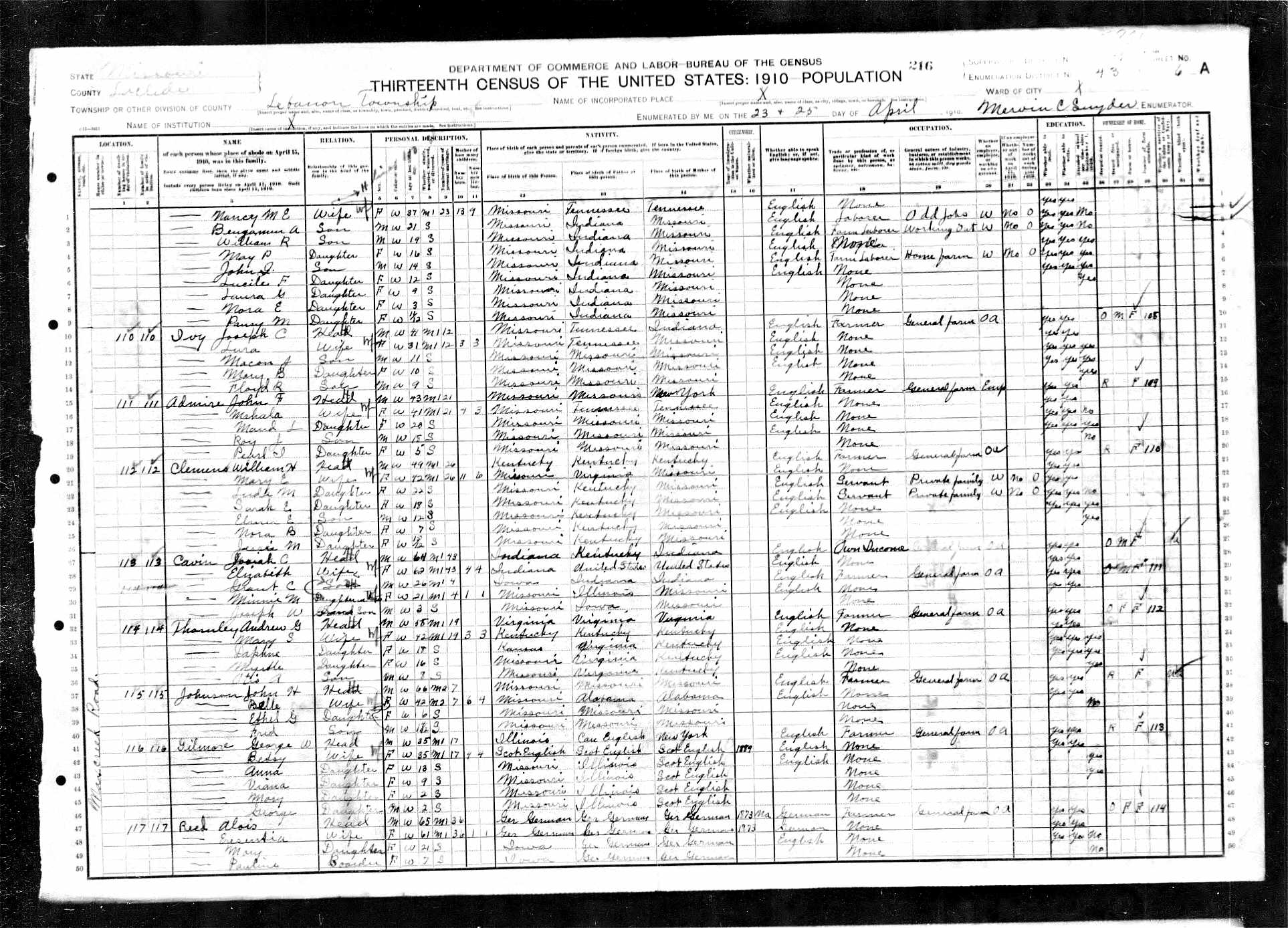 George Gilmore, 1910 Laclede County, Missouri, census George Gilmore, 1910 Laclede County, Missouri, census