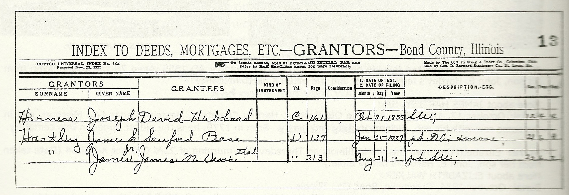 James Hartley, index to deeds, reflecting sale of land in Bond County, Illinois, 1837