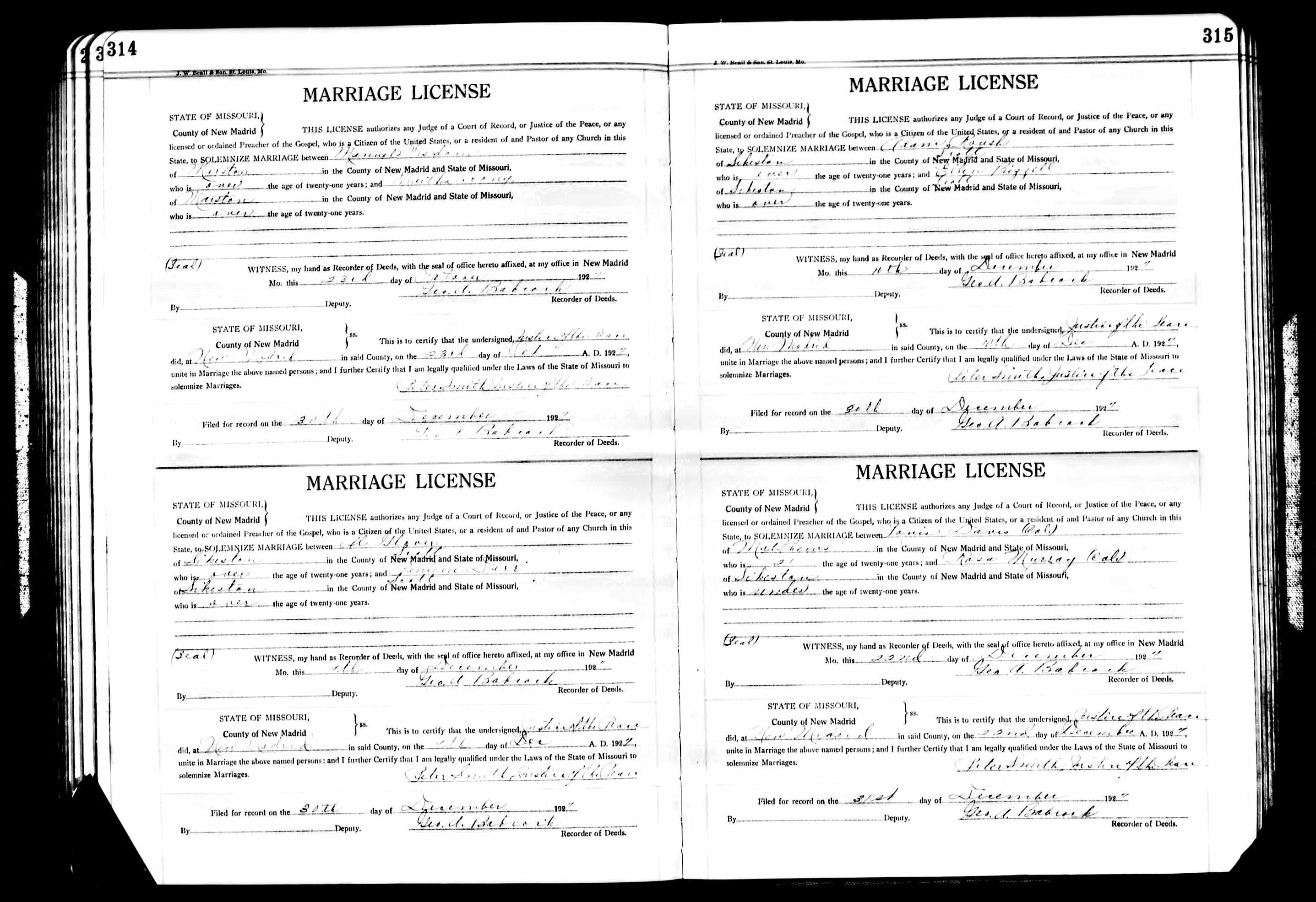 Adam Roush, marriage to Ellen Bizzell, 1927, New Madrid County, Missouri