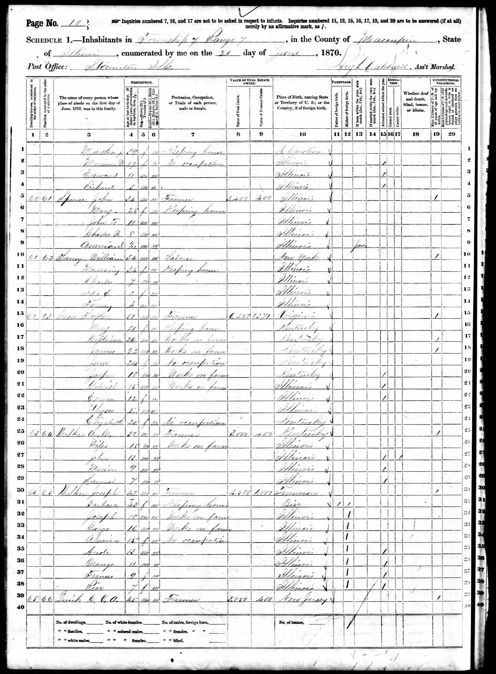Archalus C. Walker, 1870 Macoupin County, illinois, census Archalus C. Walker, 1870 Macoupin County, illinois, census
