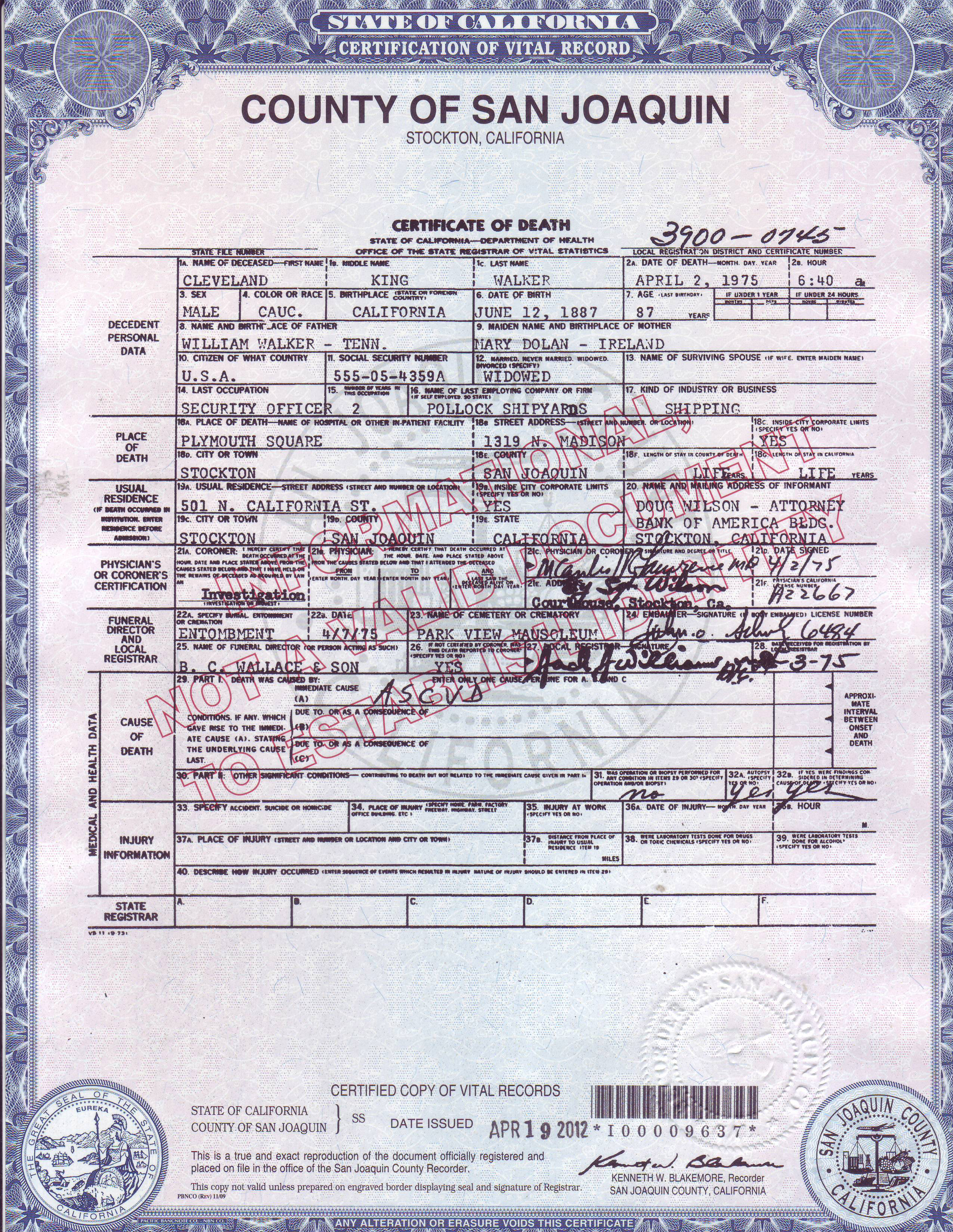 Cleveland King Walker, death certificate, 1975, San Joaquin County, California Cleveland King Walker, death certificate, 1975, San Joaquin County, California