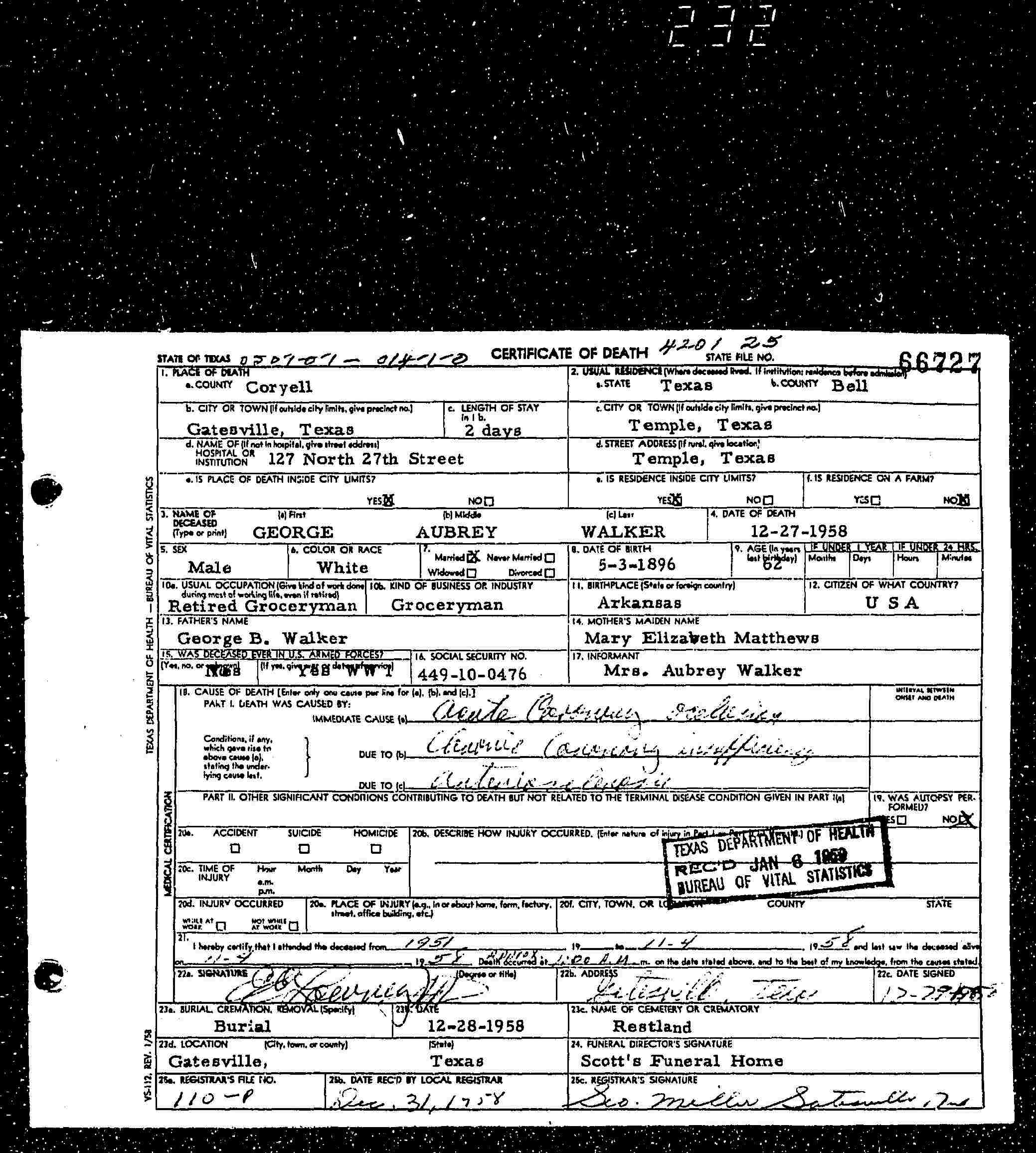 George Aubrey Walker, death certificate, 1958, Coryell Co TX George Aubrey Walker, death certificate, 1958, Coryell Co TX