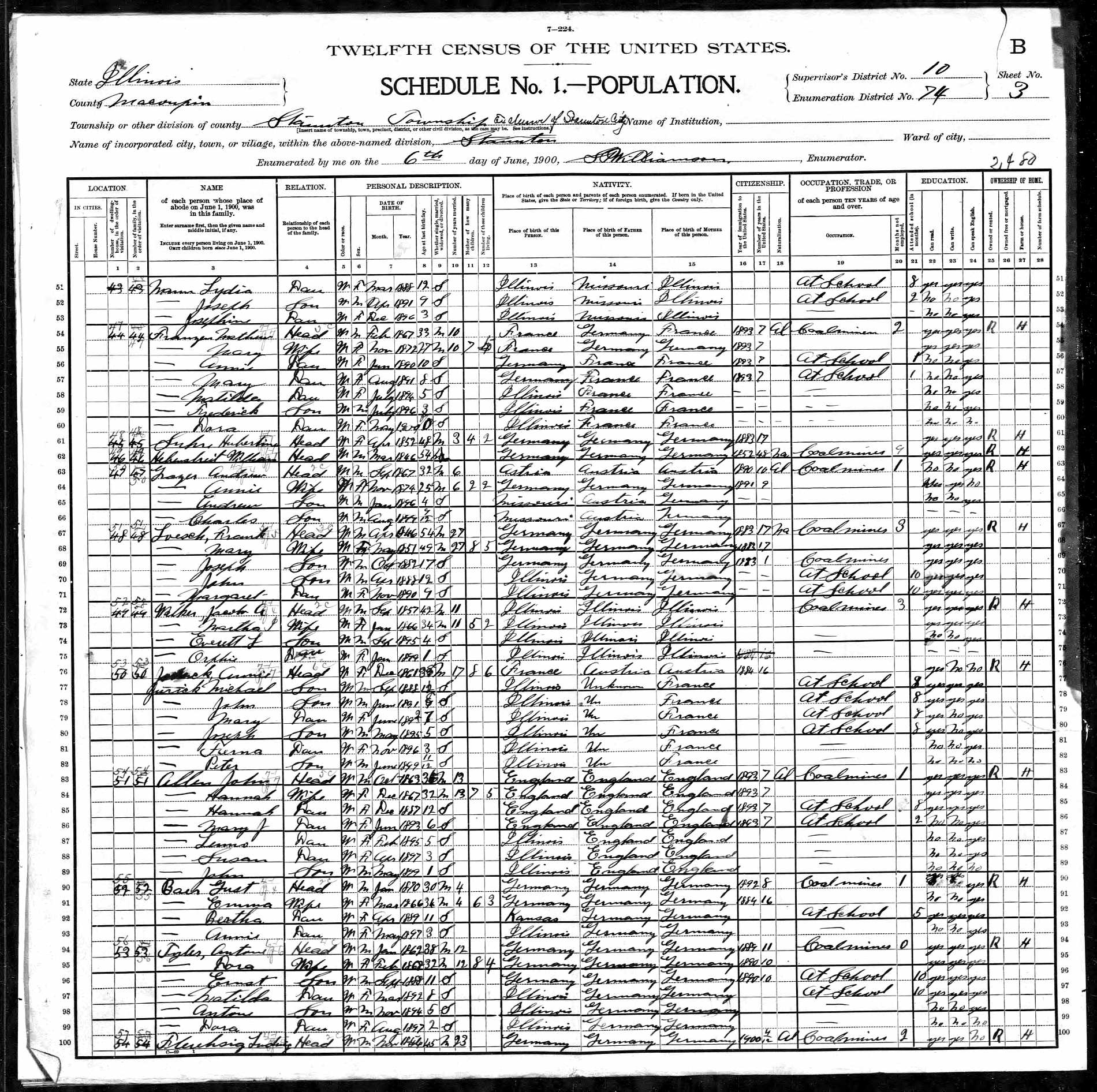 Jacob A. and Martha (Finley) Walker, 1900 Macoupin County, Illinois, census