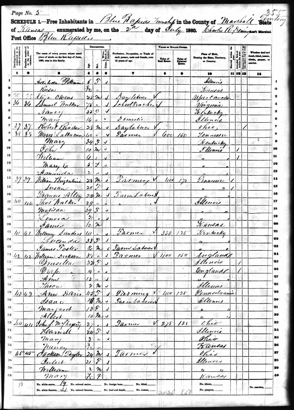 Samuel A. Walker, 1860 Marshall County, Kansas, census Samuel A. Walker, 1860 Marshall County, Kansas, census