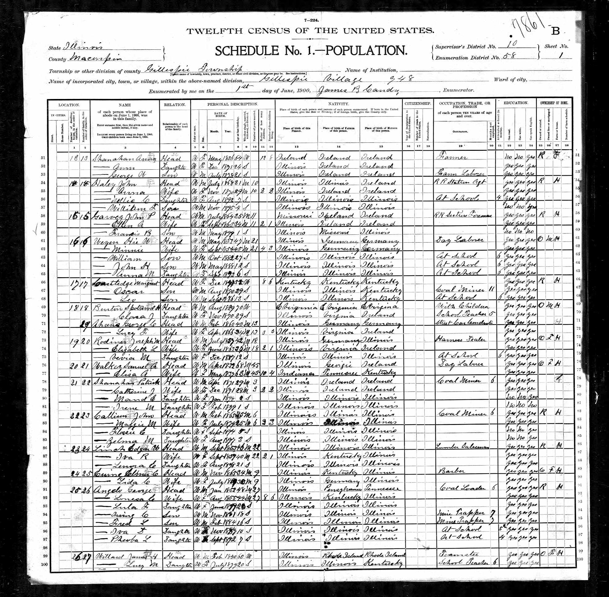 Samuel Walker (possible son of Jacob and Agnes), 1900 Macoupin County, Illinois, census