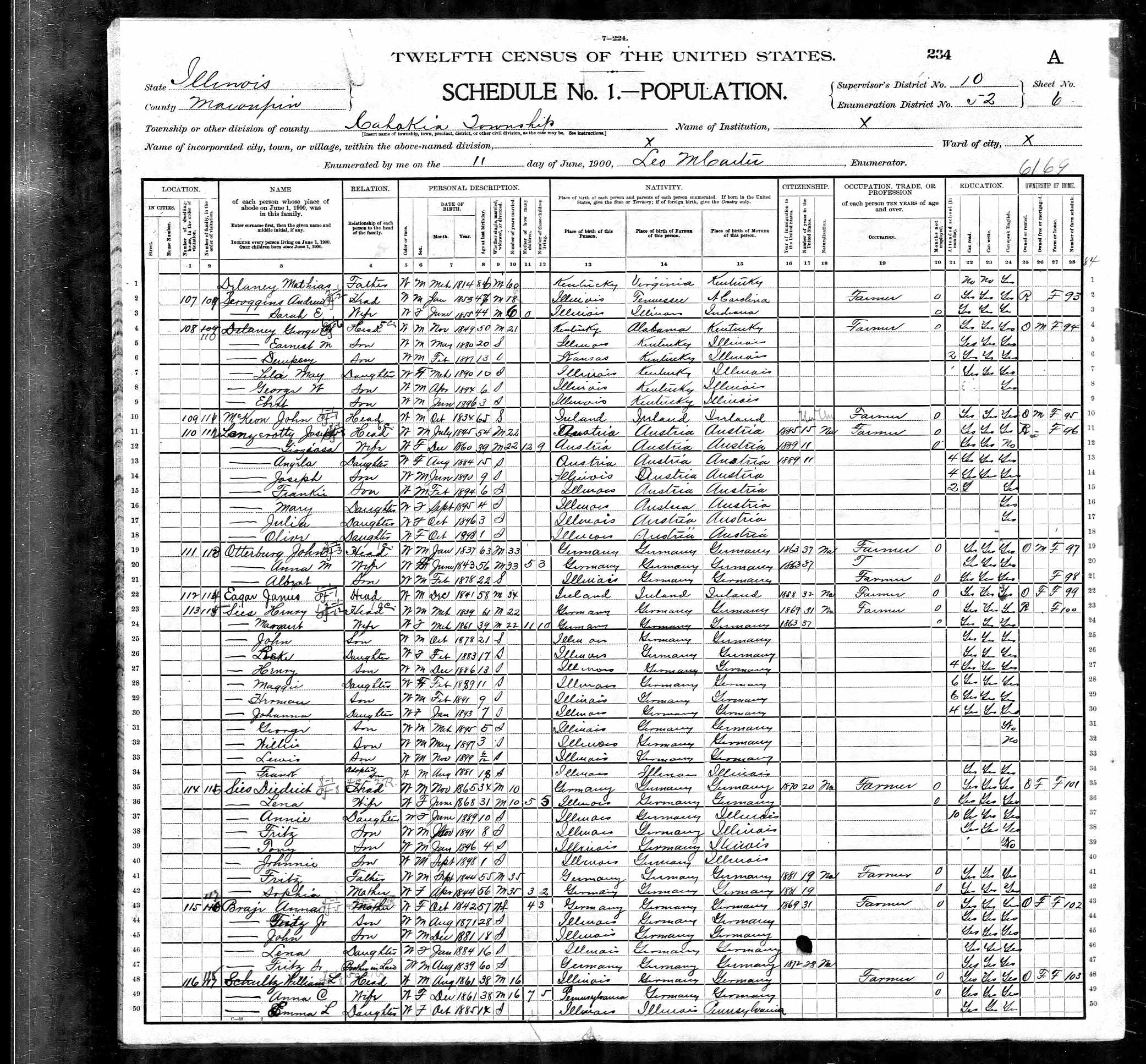 Andrew/Anderson Scroggins and wife Sarah E. Walker, 1900 Macoupin County, Illinois, census
