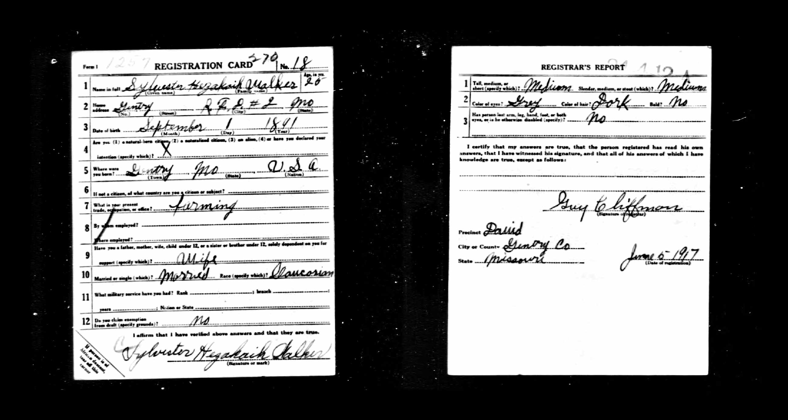 Sylvester Hezekiah Walker, WWI draft registration, 1917, Gentry County, MIssouri Sylvester Hezekiah Walker, WWI draft registration, 1917, Gentry County, MIssouri
